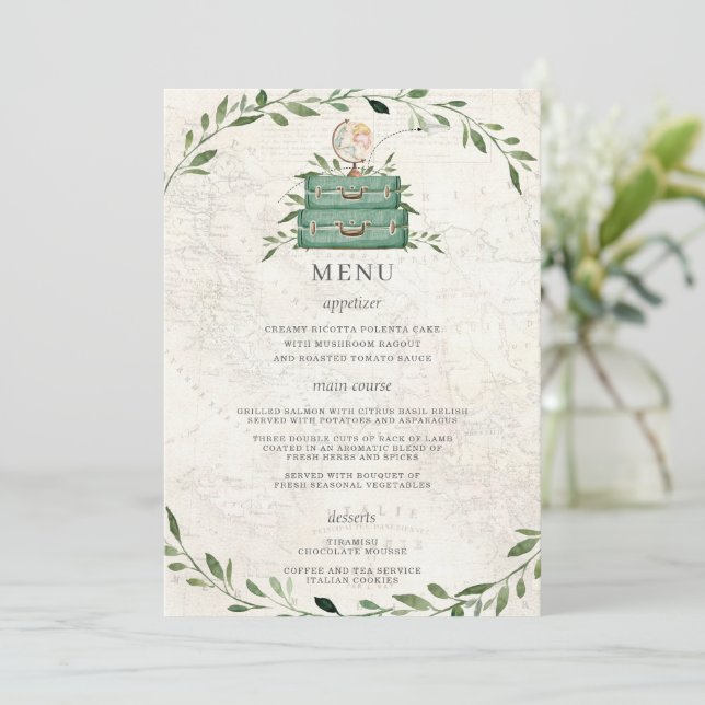 Adventure Begins Luggage Green Map Wedding Menu Programm (Stehend Vorderseite)