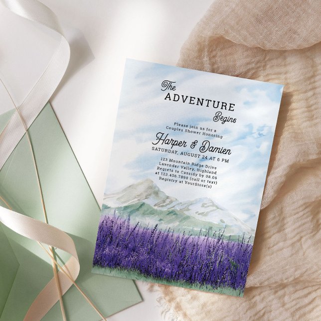 Adventure Begins Mountain Lavender Couples Dusche Einladung (The Adventure Begins Couples Shower Invitation from my Mountain Lavender Wedding Collection)