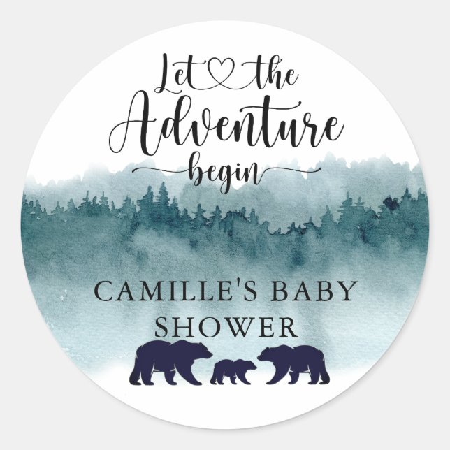 Adventure Begins Mountains Bears Baby Shower Runder Aufkleber (Vorderseite)