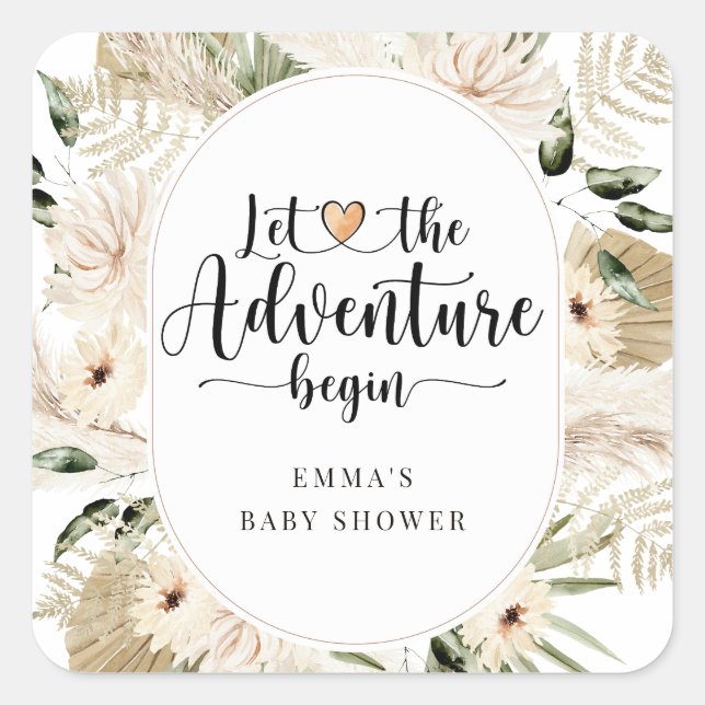 Adventure Begins Pampas Grass Boho Baby Shower Quadratischer Aufkleber (Vorderseite)
