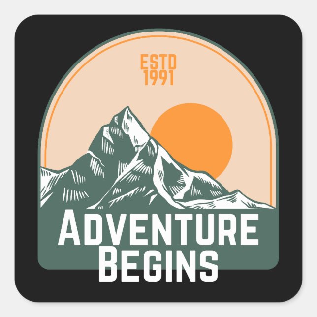 Adventure Begins Quadratischer Aufkleber (Vorderseite)