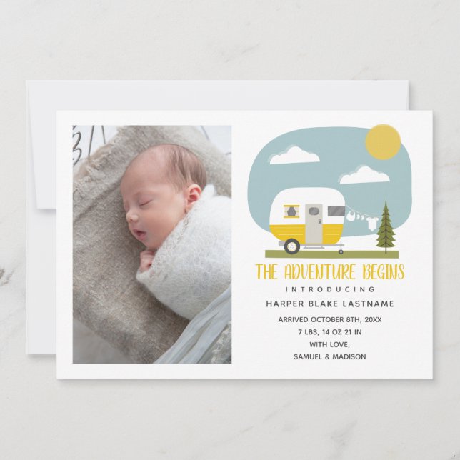 Adventure Begins Yellow Camper Baby Birth Ankündigung (Vorderseite)