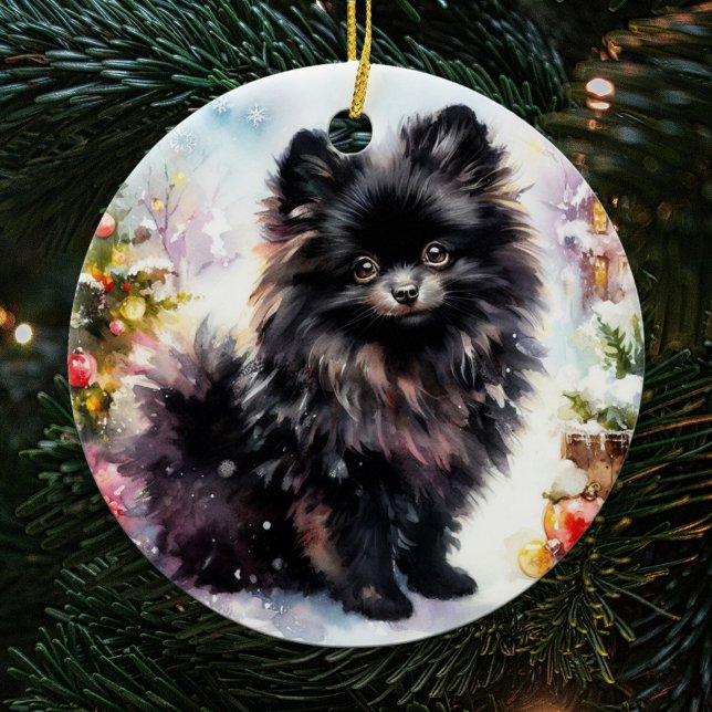 Adventure Black Spitz Watercolor Keramik Ornament (Von Creator hochgeladen)