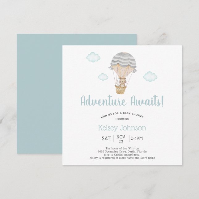 Adventure Blue Woodland Teddy Bear Baby Dusche Einladung (Vorne/Hinten)