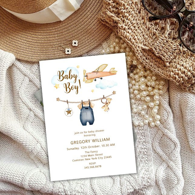 Adventure Boy Clothesline Flugzeug Sky Baby Dusche Einladung (Adventure Boy Clothesline Airplane Sky Baby Shower Invitation)