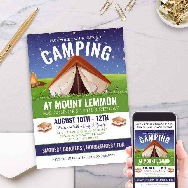 Adventure Camping Smores Camp Out Geburtstag Einladung (Camping Adventure Weekend Getaway Camp Out Invitation with Smores Starry Sky and Campfire)