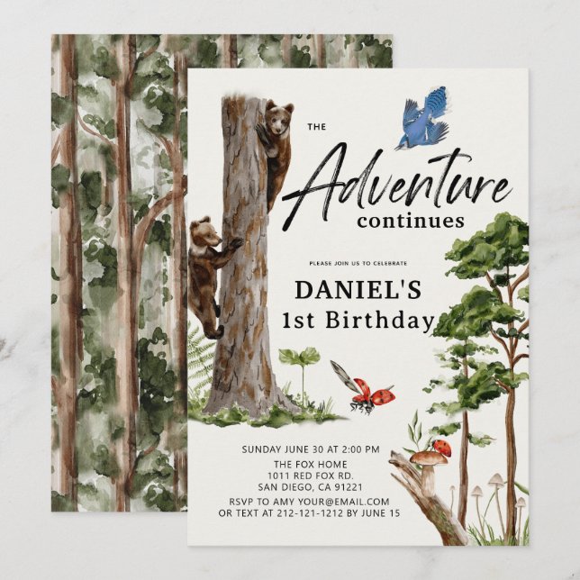 Adventure Continues Bear Forest 1. Geburtstag Einladung (Vorne/Hinten)