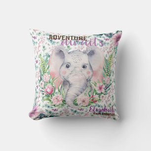 Adventure erwartet Baby Elephant Lila Floral Namen Kissen