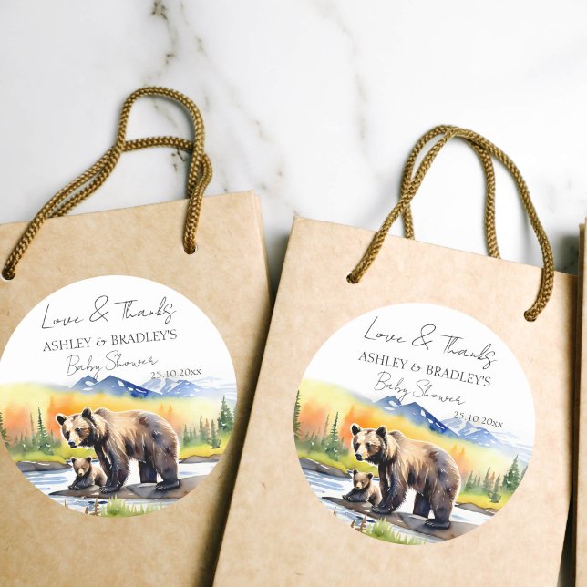 Adventure erwartet Bären-Baby-Dusche Dank Ihnen fa Runder Aufkleber (Adventure awaits national parks themed baby shower favor gift thank you stickers bear cub mam bear )