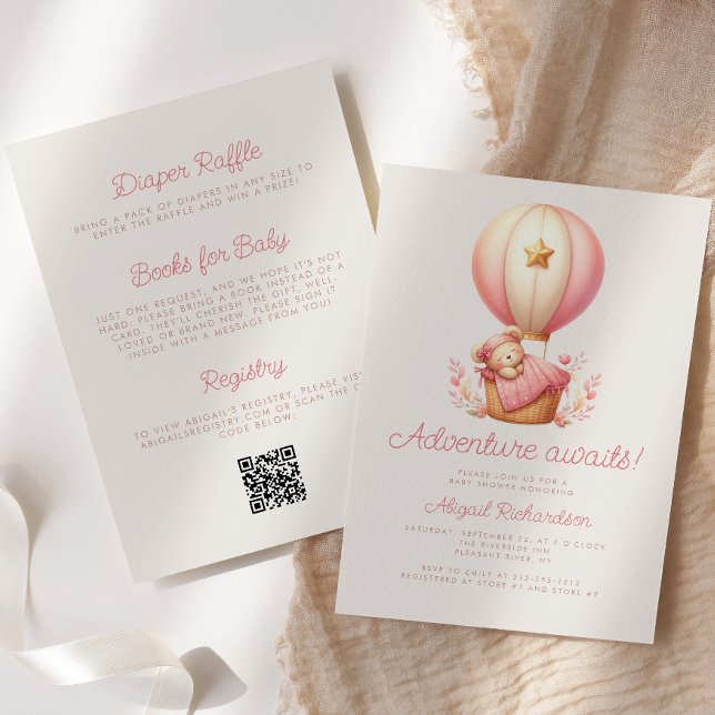 Adventure erwartet Bear QR Code Girl Baby Shower Einladung (Von Creator hochgeladen)