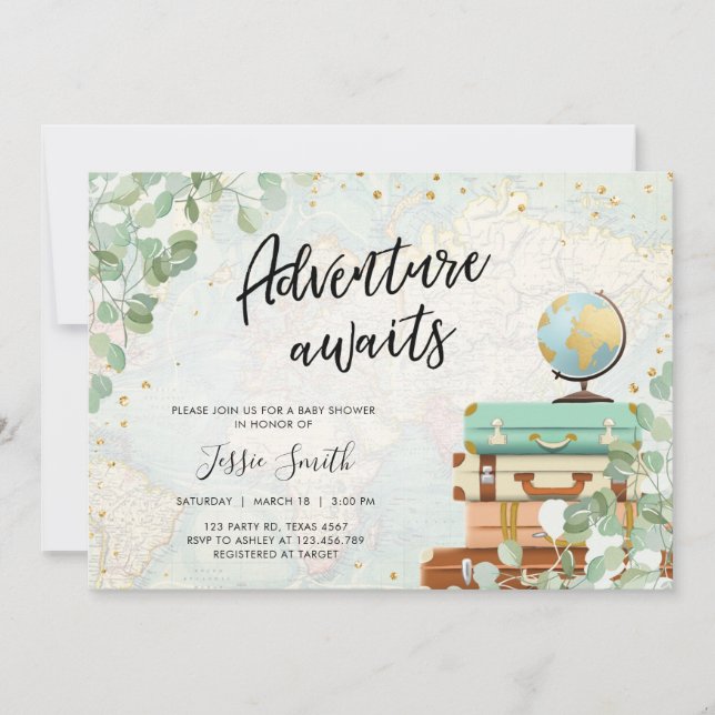 Adventure erwartet Eucalyptus Greenery Baby Shower Einladung (Vorderseite)