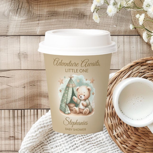 Adventure erwartet Gender Neutral Bear Baby Pappbecher (Teddy bear "Adventure Awaits" baby shower paper cups)