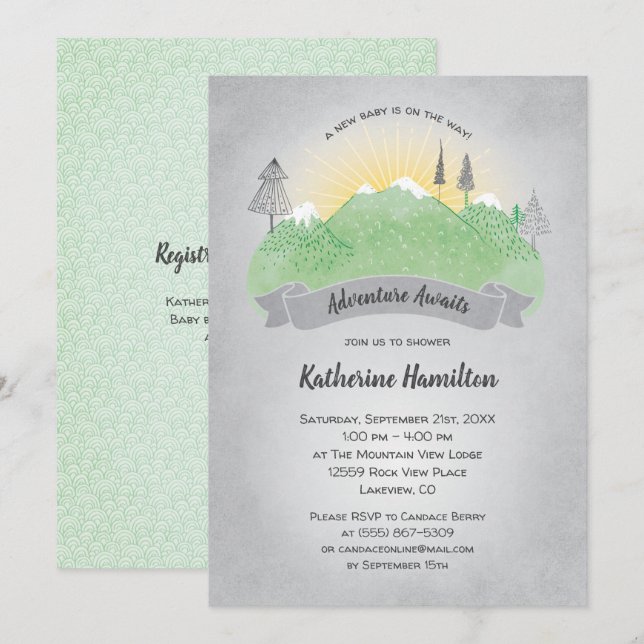 Adventure erwartet Green Mountains Baby Shower Einladung (Vorne/Hinten)