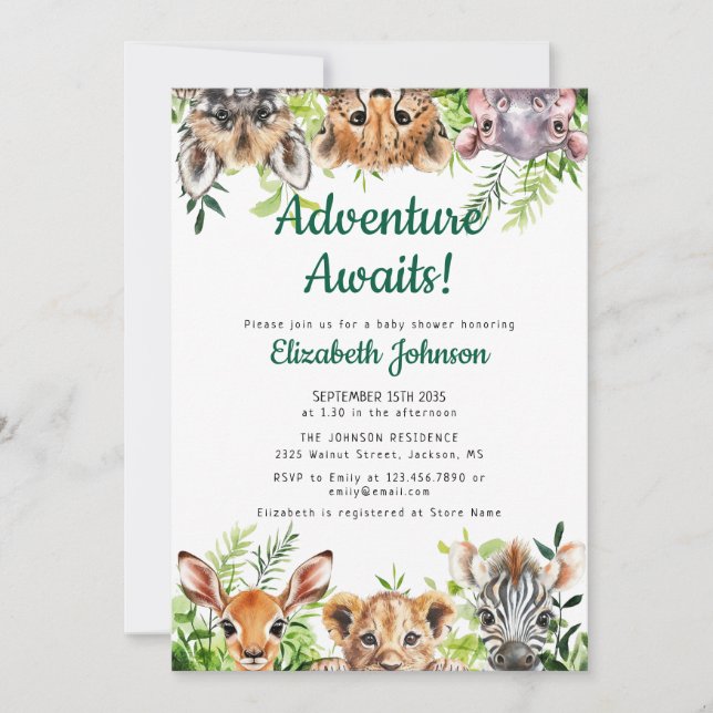 Adventure erwartet Safari Animals Baby Shower Einladung (Vorderseite)