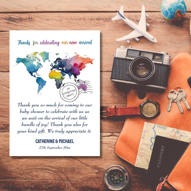 Adventure erwartet World Map Travel Baby Shower Dankeskarte (Von Creator hochgeladen)