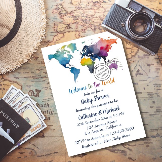 Adventure erwartet World Map Travel Baby Shower Einladung (Von Creator hochgeladen)