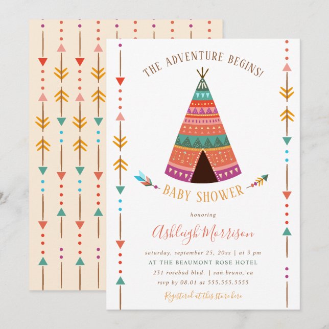 Adventure fängt Niedliche Tribal TeePee Baby-Dusch Einladung (Vorne/Hinten)