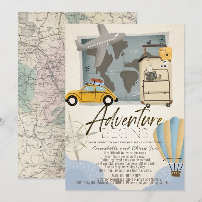 Adventure fängt Travel Map Baby Shower by Mail an Einladung (Vorne/Hinten)