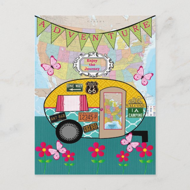 Adventure Happy Camper RV Retro Postkarte (Vorderseite)