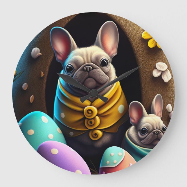 Adventure Mops mit Ostereiern Ein festlicher und N Große Wanduhr (Vorderseite)