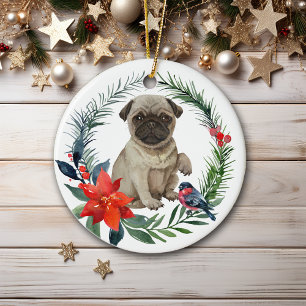 Adventure Mops Puppy Watercolor Poinsettia Keramik Ornament