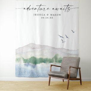 Adventure Mountain Lake Wedding Background Foto Wandteppich