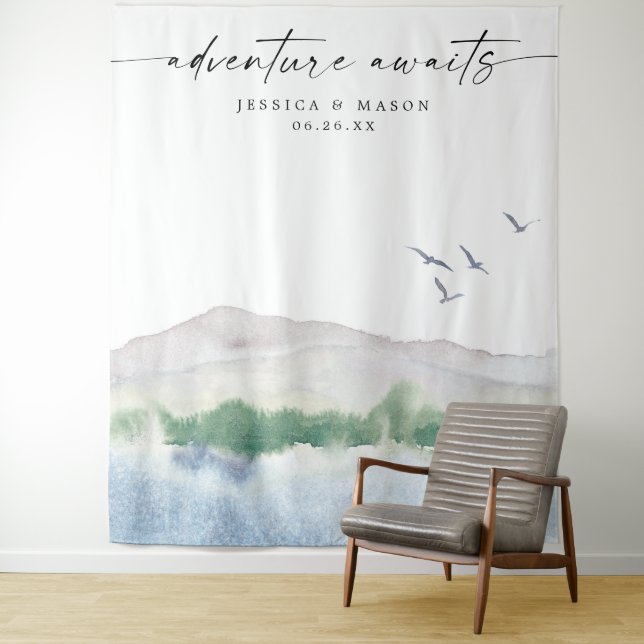 Adventure Mountain Lake Wedding Background Foto Wandteppich (Beispiel)