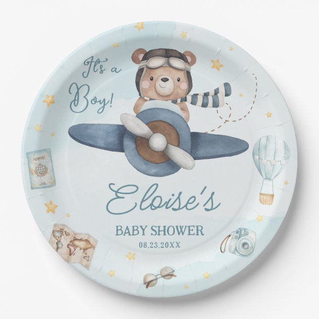 Adventure Niedlich Bear Blue Flugzeug Oh Boy Baby  Pappteller (Vorderseite)