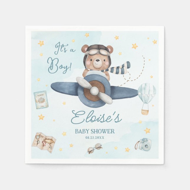 Adventure Niedlich Bear Blue Flugzeug Oh Boy Baby  Serviette (Vorderseite)