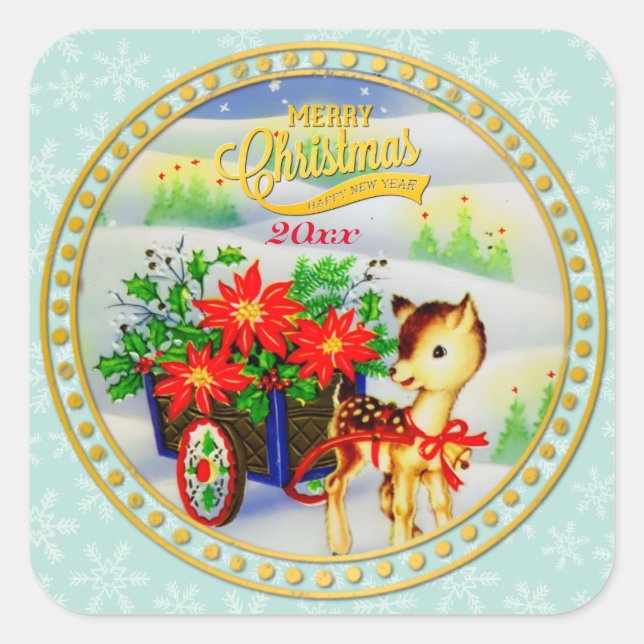 Adventure Park Vintage Weihnachten Rentier & Blume Quadratischer Aufkleber (Vorderseite)