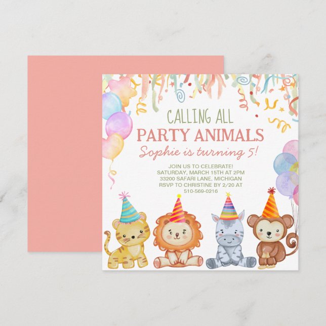 Adventure Party Animals Peach Pink Safari Geburtst Einladung (Vorne/Hinten)