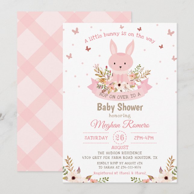 Adventure Pink Bunny mit Blume Babydusche Einladung (Vorne/Hinten)