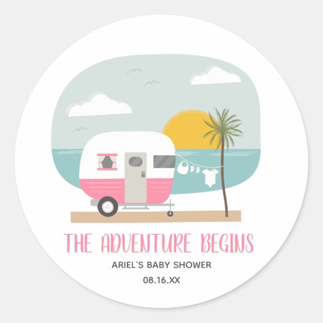 Adventure Pink Camper Beach Girl Baby Dusche Runder Aufkleber (Vorderseite)