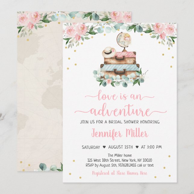 Adventure Pink Gold Floral Brautparty Einladung (Vorne/Hinten)