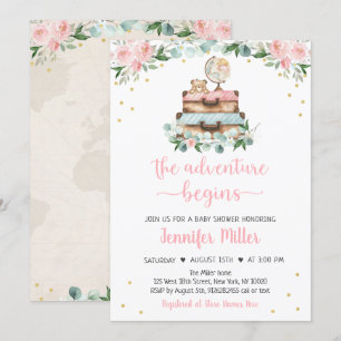 Adventure Pink Gold Floral Travel Baby Dusche Einladung