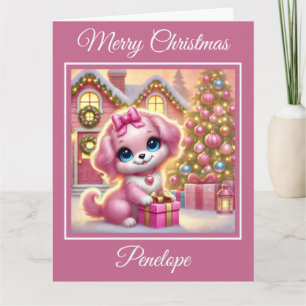 Adventure Pink Puppy zu Weihnachten Hütte Karte