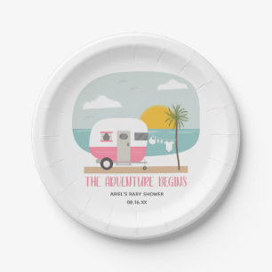 Adventure Pink Retro Beach Camper Girl Babydusche Pappteller