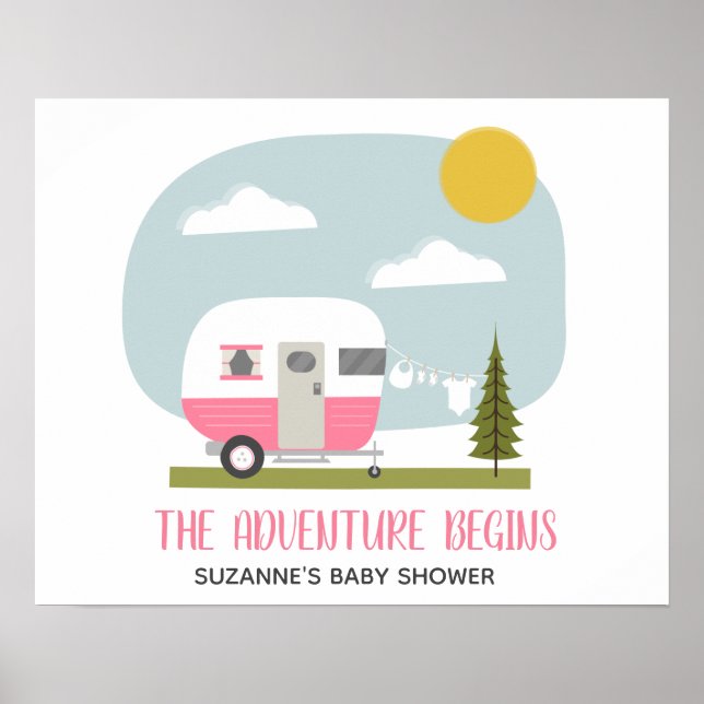 Adventure Pink Retro Camper Girl Baby Dusche Poster (Vorne)