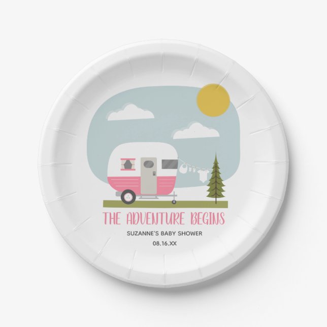 Adventure Pink Retro Camper Girl Babydusche Pappteller (Vorderseite)