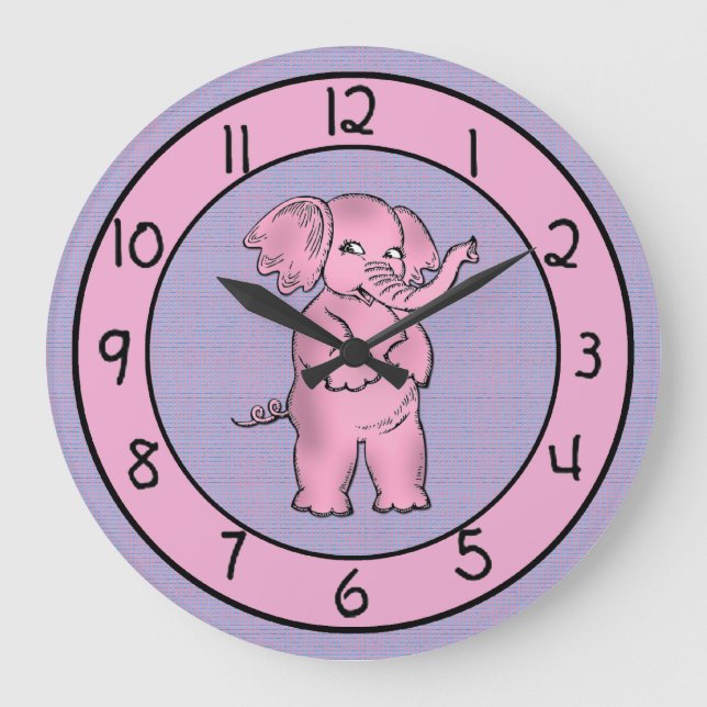 Adventure Pink und Lila Elephant Clock für Kinder Große Wanduhr (Vorderseite)