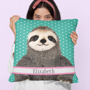 Adventure Sloth Aquamarin Name Kids Room Animal Kissen