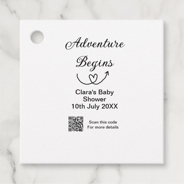 Adventure startet Baby Dusche Scan QR Geschenkanhänger (Vorderseite)