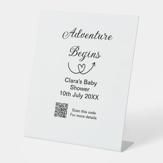 Adventure startet Baby Dusche Scan QR Sockelschild (Vorderseite)