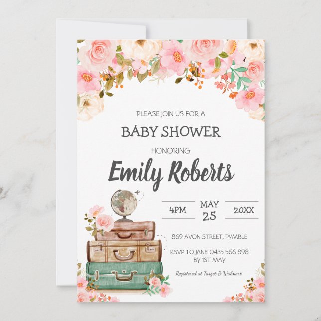 Adventure Travel Floral Greenery Girl Baby Shower Einladung (Vorderseite)