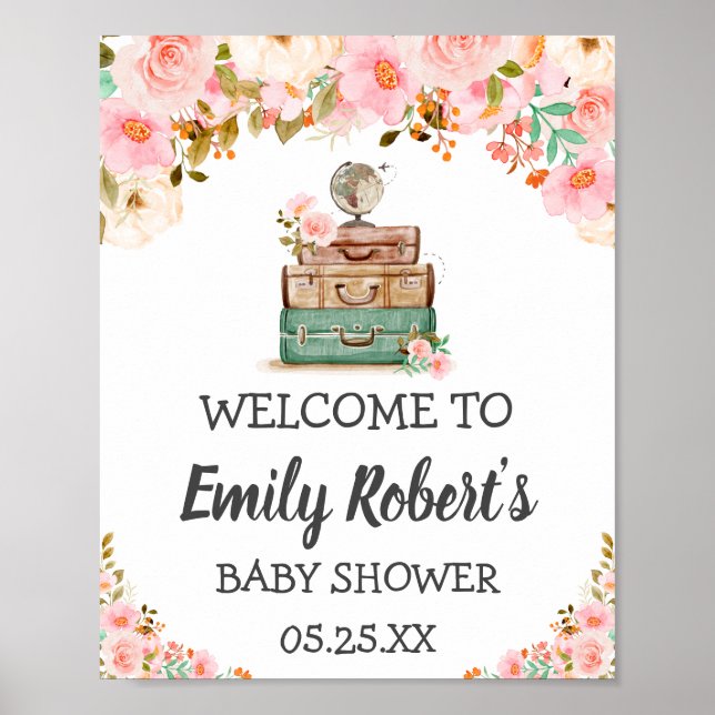 Adventure Travel Floral Greenery Girl Baby Shower Poster (Vorne)