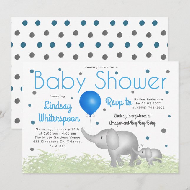 Adventure Wassercolor Elephants Boy Baby Dusche Einladung (Vorne/Hinten)