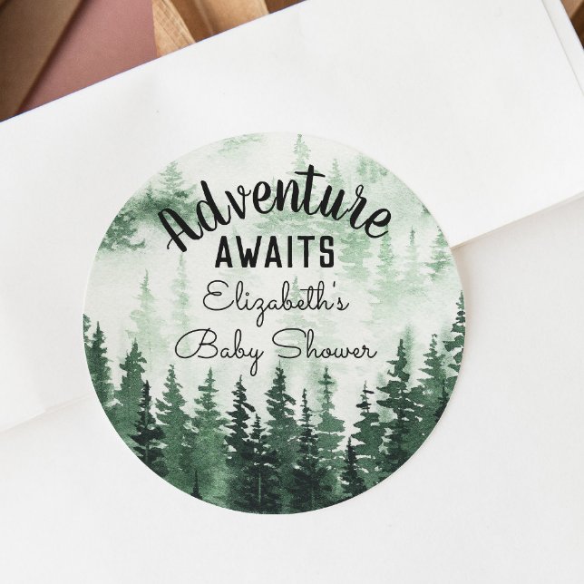 Adventure Watercolor Misty Forest Baby Shower Runder Aufkleber (Von Creator hochgeladen)
