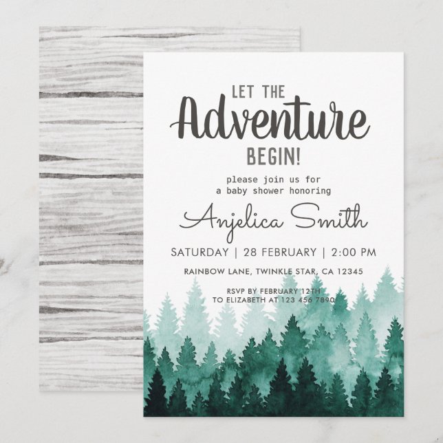 Adventure Watercolor Rustic Woodland Babydusche Einladung (Vorne/Hinten)