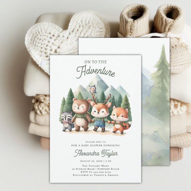Adventure Woodland Animals Neutral Baby Shower Einladung (woodland adventure gender neutral baby shower invitation mountain forest cute animals hiking modern)