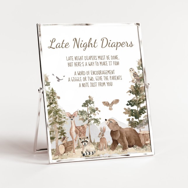 Adventure Woodland Animals Spate Night Diapers Poster (Woodland Animals Adventure Awaits Baby Shower Late Night Diapers Sign)